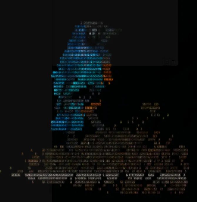 A bird rendered as colored ASCII characters