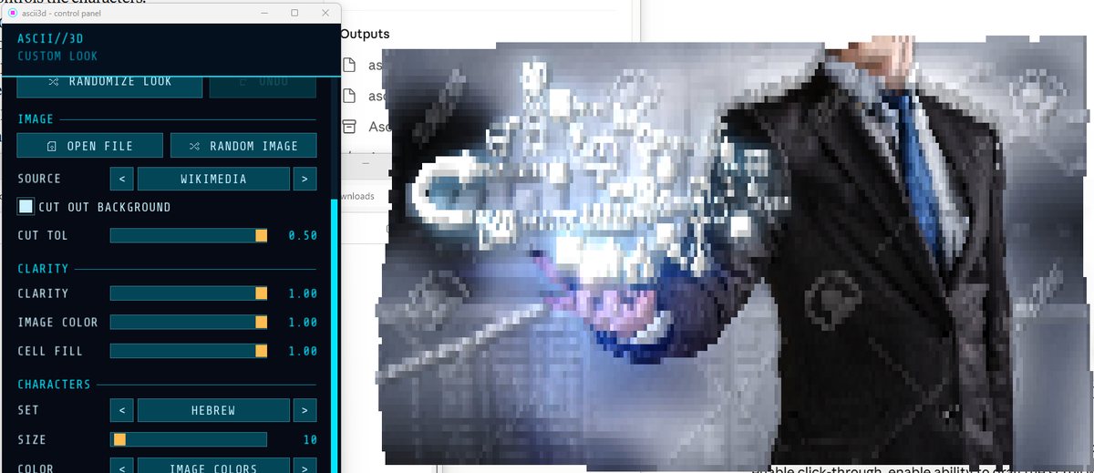 ascii3d control panel turning a photo of a businessman into 3D ASCII characters