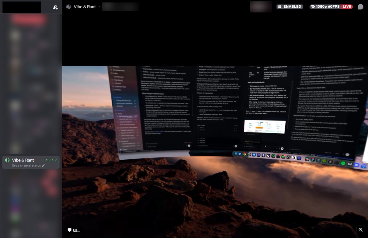 A live Discord voice channel where a member screen-shares an Apple AR workspace