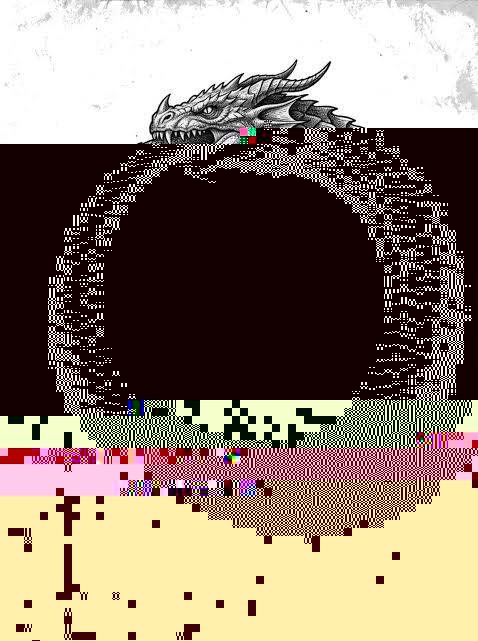 Glitched digital artwork of a dragon serpent eating its tail