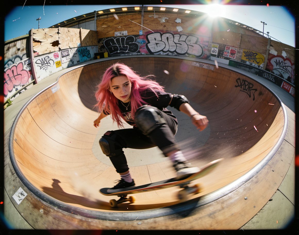 AI-generated photo of a pink-haired skater in a bowl, film style