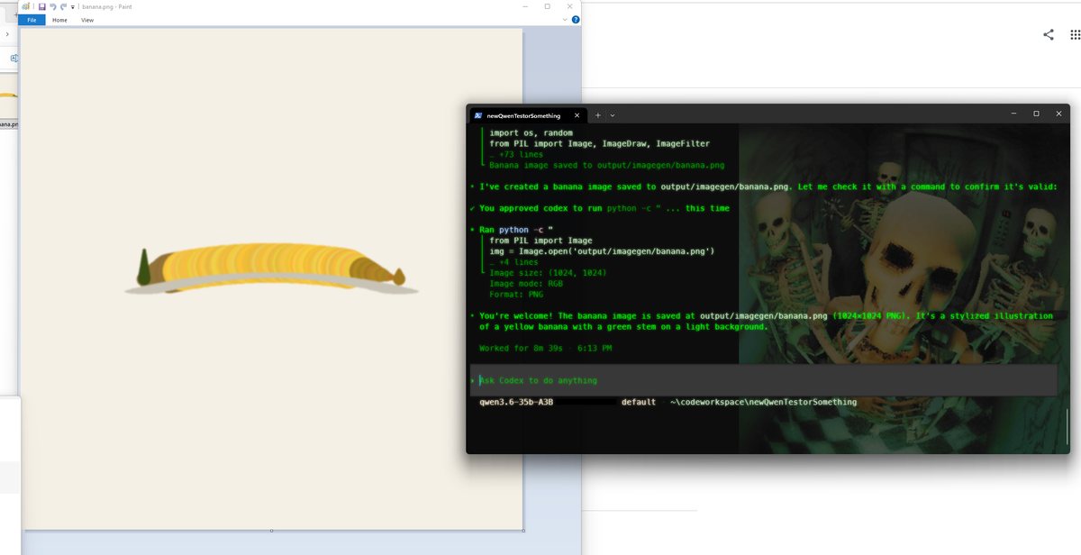 A local Qwen model in a coding agent writing Python that draws a banana image