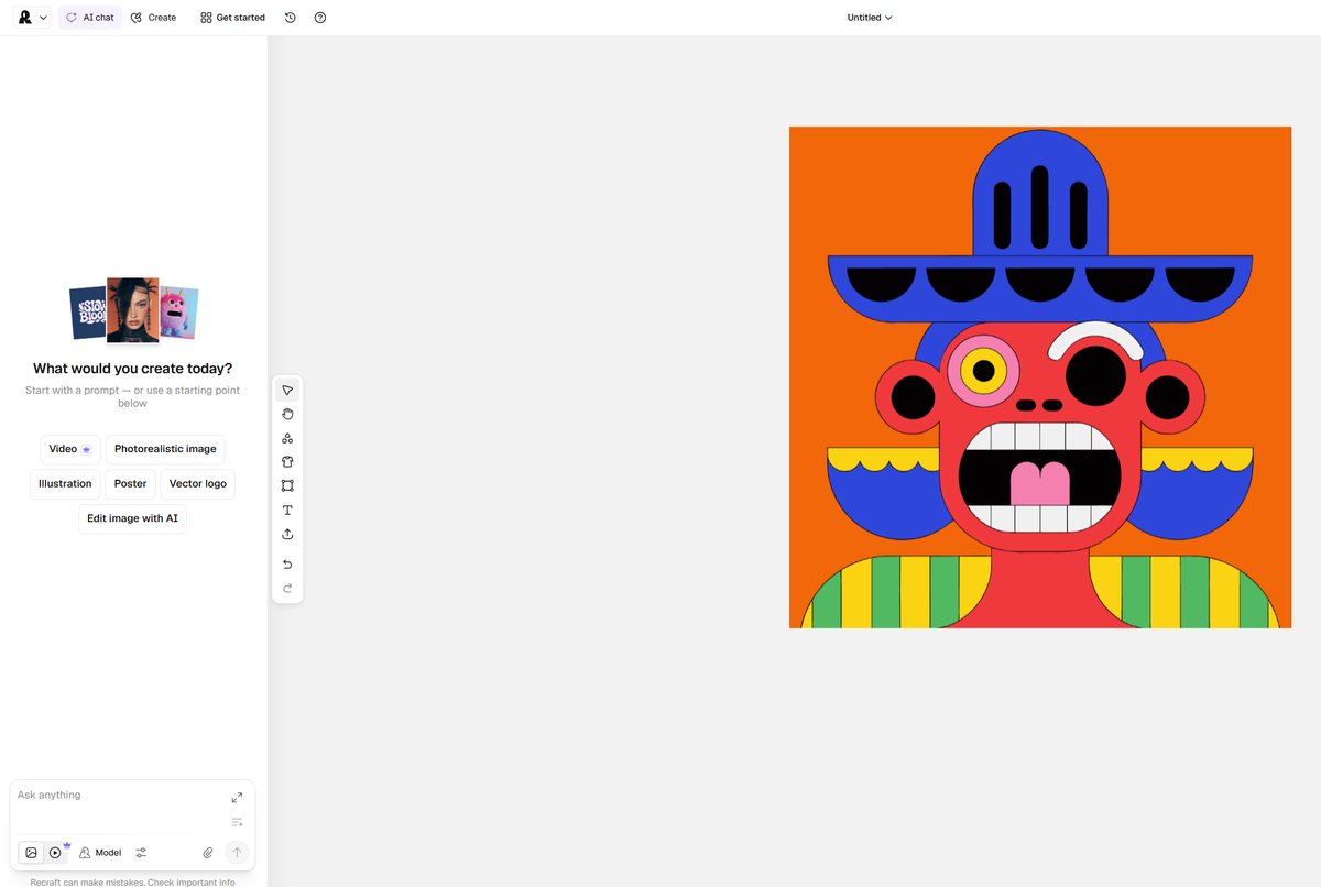 Recraft AI canvas with a bold colorful vector illustration of a mask-like character