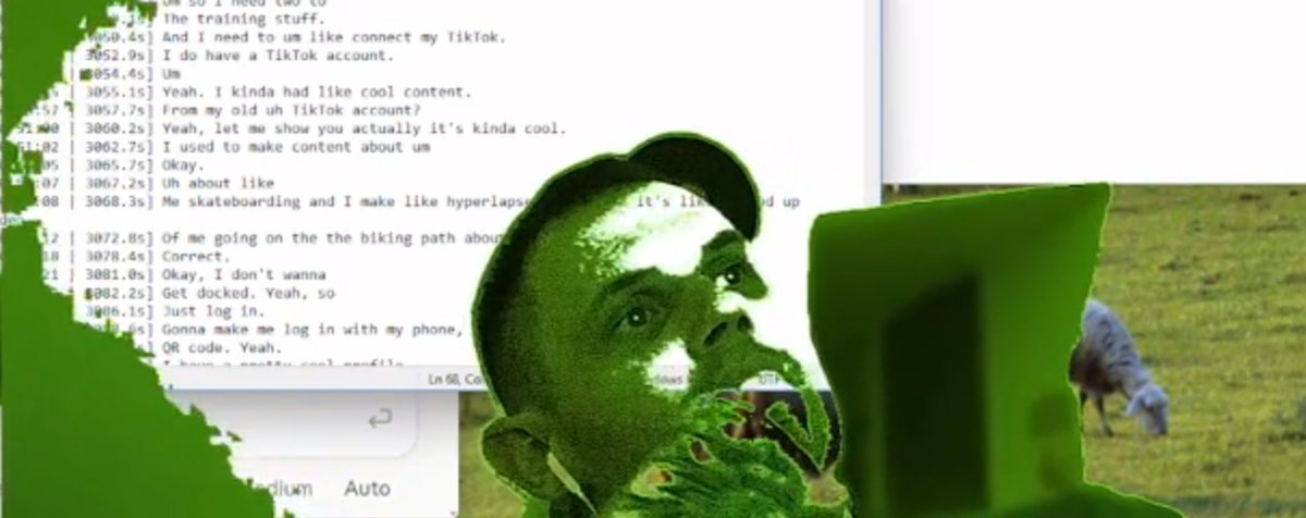 A timestamped transcript of a long video with a webcam overlay