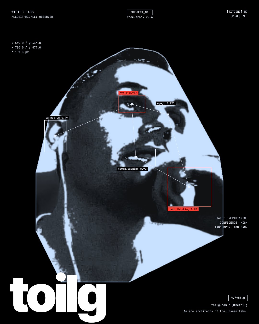 toilg poster: Trev's face under face-tracking boxes labeled eye, earbud, mouth talking and hand thinking. State: overthinking. Tabs open: too many.